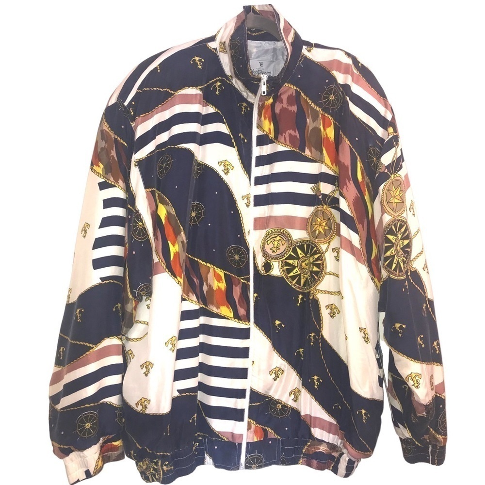 Vintage Oleg Cassini 90’S Silk New Old Stock Nautical Bomber Zip Jacket Mens XL